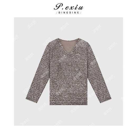 04-1潘依绣丁丁宠粉高级感重工珠光亮片V领气质长袖上衣 HY003 商品图1
