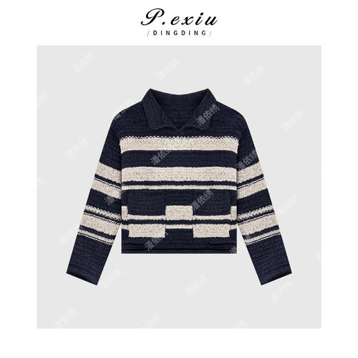 A008潘依绣丁丁宠粉PanYiXiu/潘依绣【蓝调清晨】羊-毛减龄慵懒翻领条纹针织毛衣L2531 商品图1