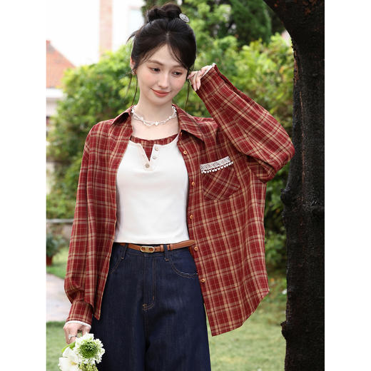 鹿向南「春日诗格」复古红色格纹休闲衬衫女春季高级宽松长袖上衣 商品图0