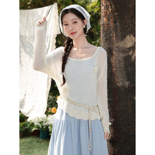 鹿向南「浅白春絮」杏色长袖毛针织衫春新款小众设计感镂空上衣女 商品图1