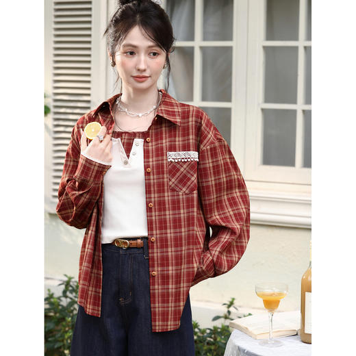 鹿向南「春日诗格」复古红色格纹休闲衬衫女春季高级宽松长袖上衣 商品图2