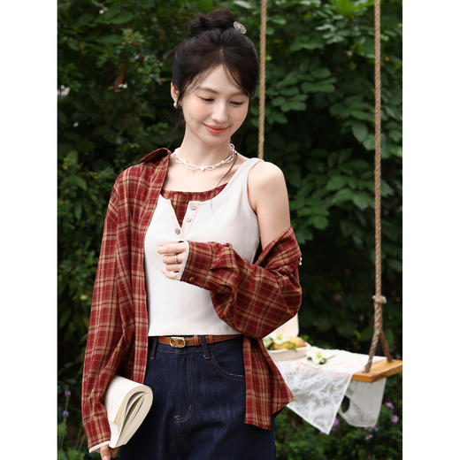 鹿向南「春日诗格」复古红色格纹休闲衬衫女春季高级宽松长袖上衣 商品图3