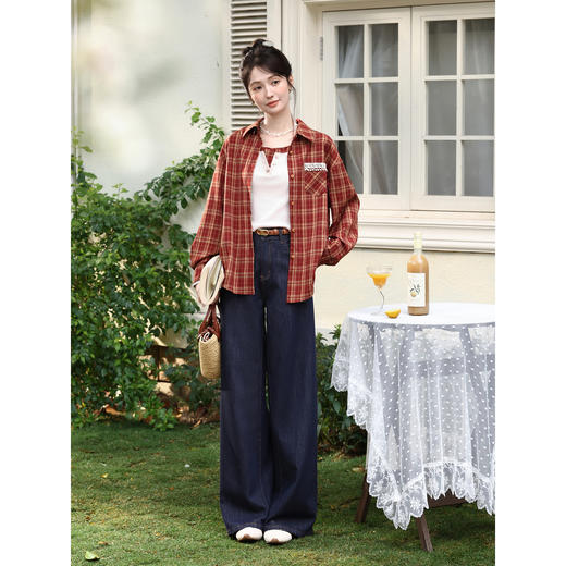 鹿向南「春日诗格」复古红色格纹休闲衬衫女春季高级宽松长袖上衣 商品图1