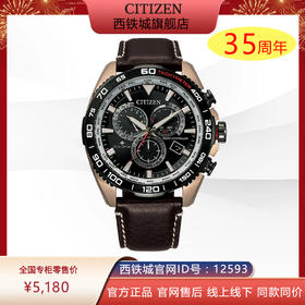 西铁城官方正品不锈钢镀玫瑰金色间GIP小牛皮表带万年历多局电波男表CB5038-14E