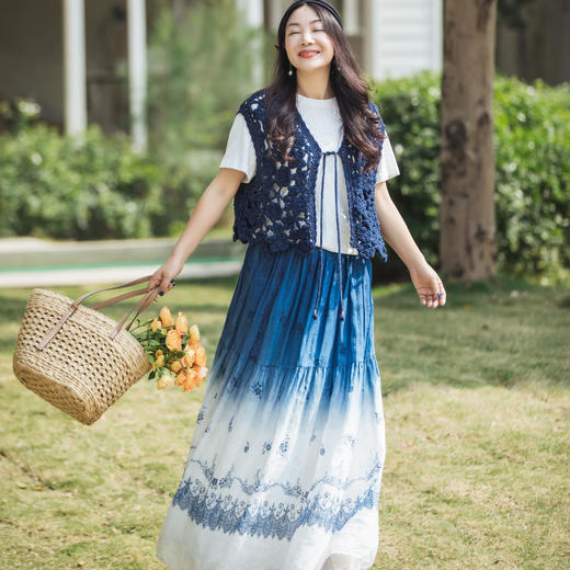 【林栖设计小店】植物染色|手工青花蓝宽松层次感2026春新款苎麻半身裙1961175 商品图1