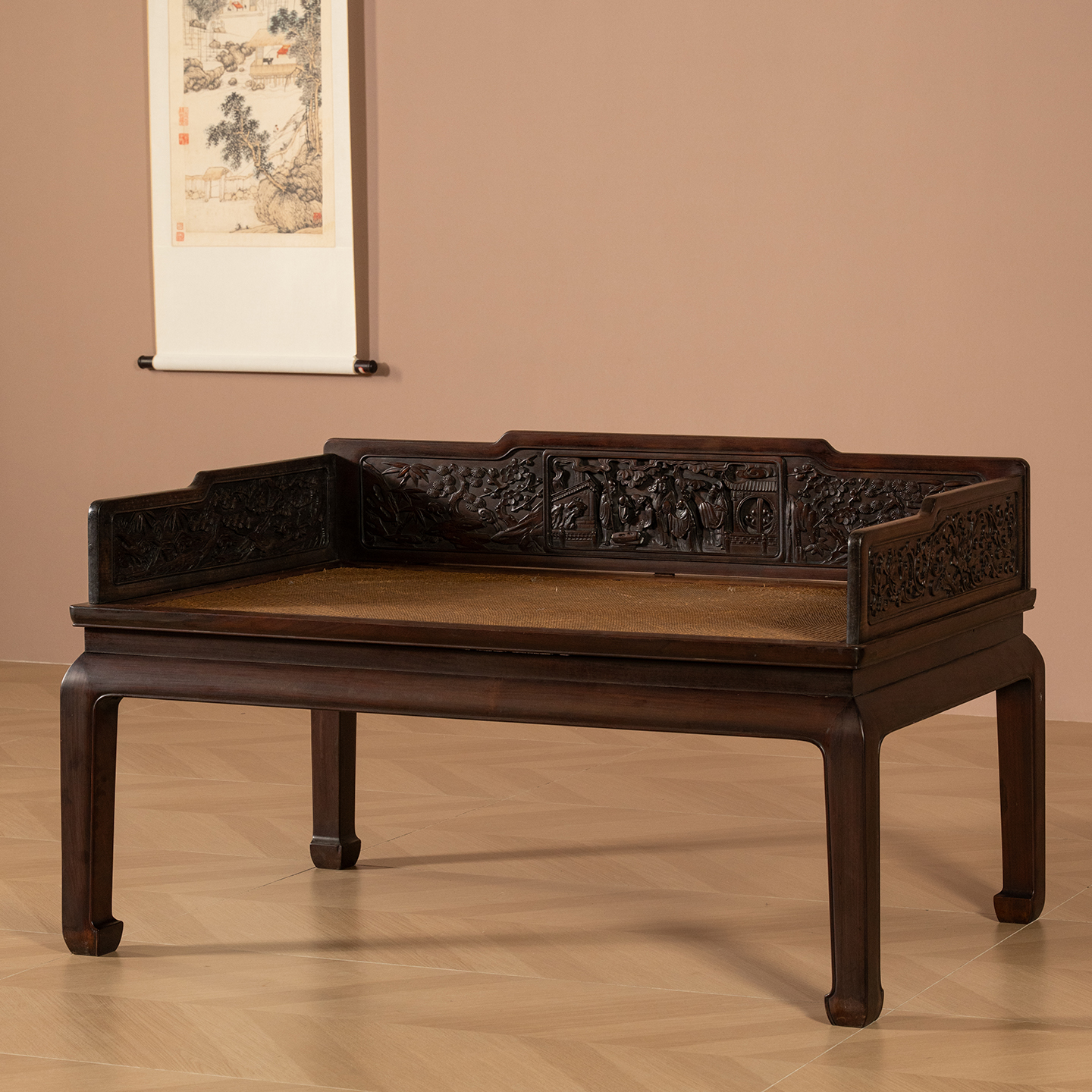 清中期	红木高浮雕人物故事三围屏禅椅