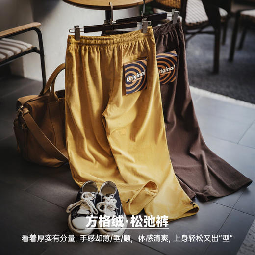 马登工装美式方格黄色玉米绒休闲裤直筒抽绳束脚宽松长裤子男款春 商品图1