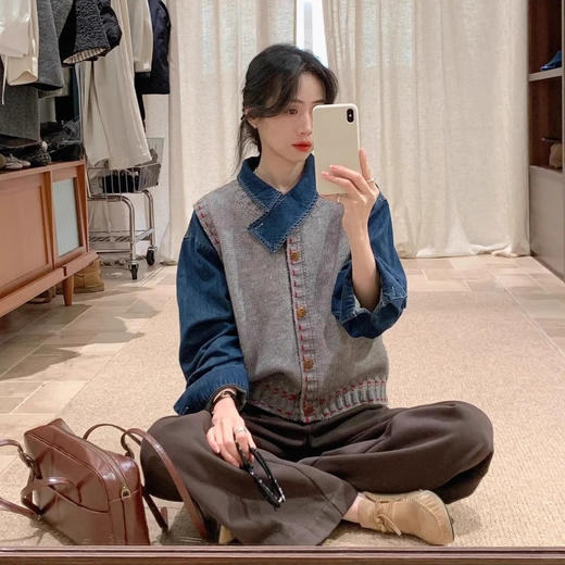 雀说法式新款气质正肩牛仔衬衫女设计感小众别致上衣复古叠穿马甲衬衣ALW8925 商品图4