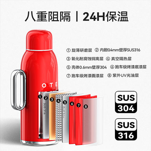 OTE欧堤保温壶大容量家用焖茶暖水不锈钢内胆便携热水水瓶茶壶礼物 【600ml】316不锈钢无缝内胆 商品图3