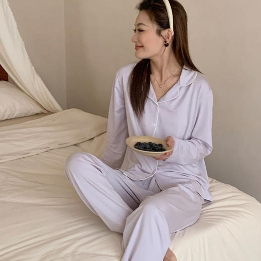 雀说桑蚕丝家居服女春夏新款纽扣长袖睡衣纯色外穿宽松套装ALW9825 商品图1