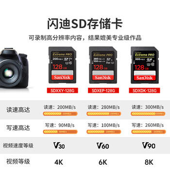 闪迪（SanDisk）128GB SD内存卡 4K V30 U3 C10 相机存储卡 读速200MB/s 写速90MB/s 微单/单反相机内存卡 商品图3