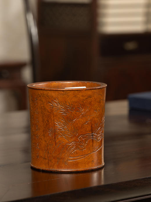 清	黄杨木雕竹梅双清诗文笔筒 商品图1