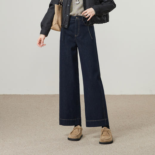 【初春-九分-阔腿裤】逸阳不易褪色车缝分割显瘦保暖拉毛厚牛仔裤8839V 商品图1