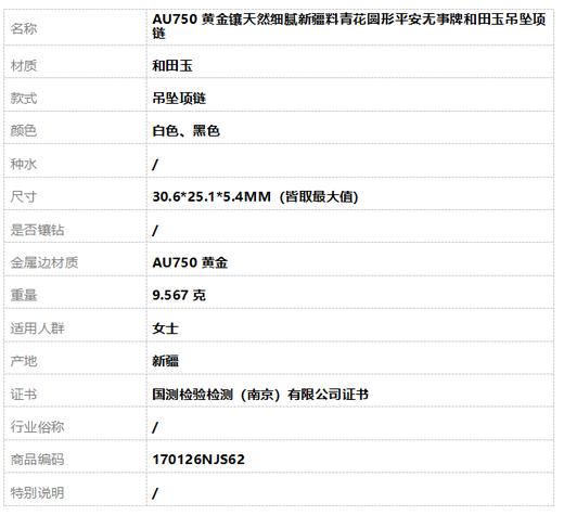 【天然正品】AU750黄金镶天然细腻新疆料青花圆形平安无事牌和田玉吊坠项链30.6*25.1*5.4MM（皆取最大值）170126NJS62 商品图9