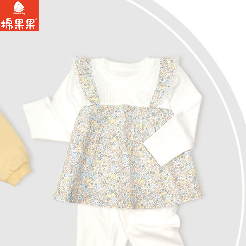 棉果果春季新品女童针织提花可爱洋气小碎花假两件长袖T恤M122140226111