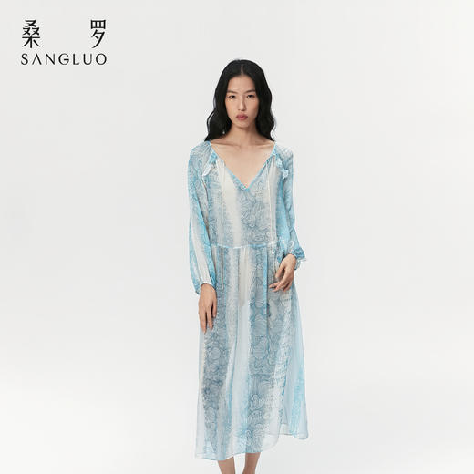 轻盈仙气』桑罗蕾丝印花长袖睡裙桑蚕丝轻性感廓形连衣裙 商品图4