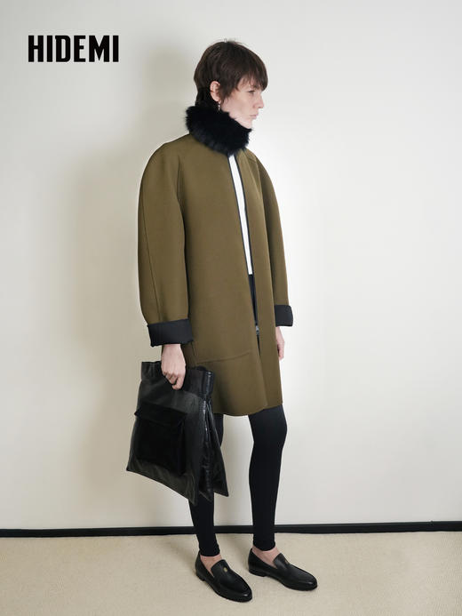 HIDEMI 设计感美丽奴羊毛简约立领双面穿双层复合中长款西装外套 商品图8
