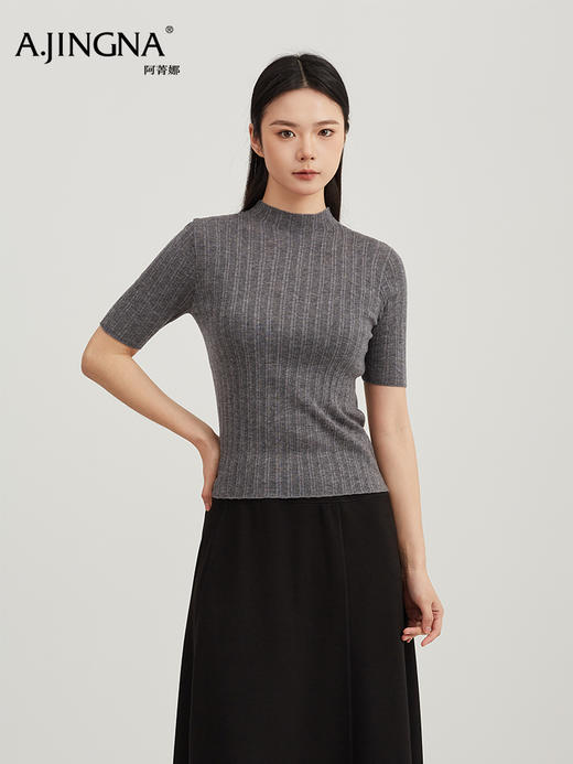 【内搭极简风】阿菁娜春季新款通勤万能内搭极简坑风条针织衫半高领中袖设计轻松打造干练高级感F31C301005 商品图5