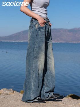 早乙女惠子saotome/STMKZ211674/复杂工艺直筒牛仔裤