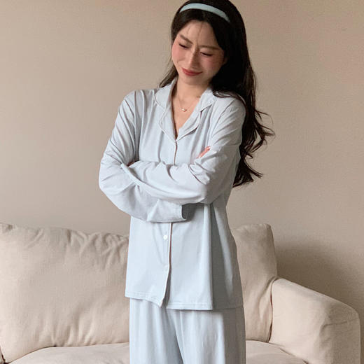 雀说桑蚕丝家居服女春夏新款纽扣长袖睡衣纯色外穿宽松套装ALW9825 商品图3