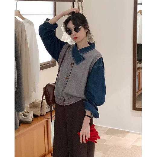 雀说法式新款气质正肩牛仔衬衫女设计感小众别致上衣复古叠穿马甲衬衣ALW8925 商品图2