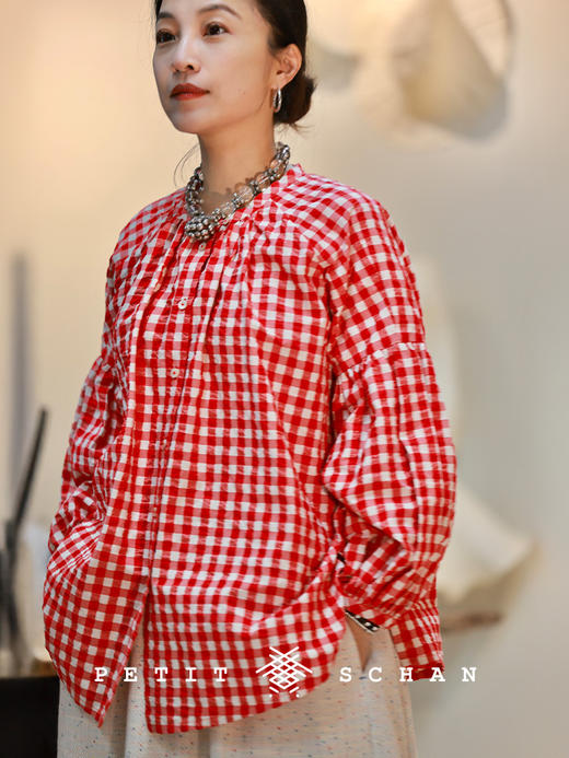 Petit Schan小闪 CLO#1042 Picnic Blanket 野餐布 纯棉长绒棉色织盐缩法式泡泡格纹娃娃衫 商品图3