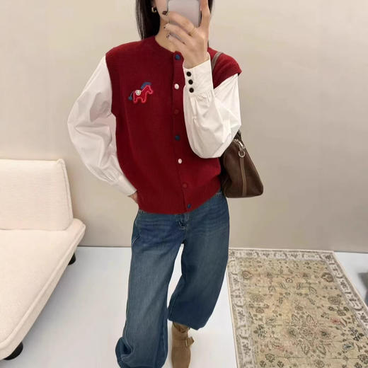 雀说韩系刺绣小马彩扣圆领针织开衫新款衬衫袖毛衣假两件上衣ALW 商品图0