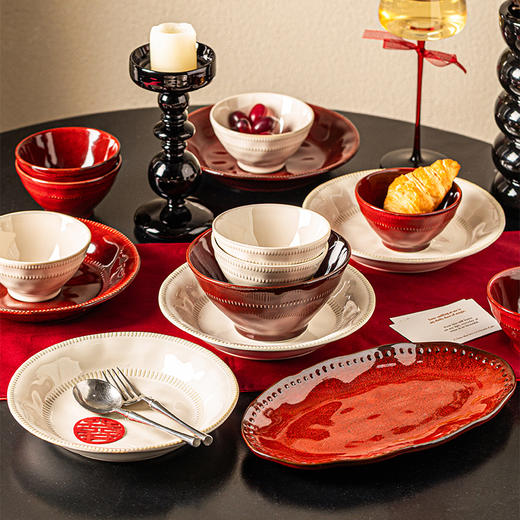 摩登主妇新婚结婚订婚礼物送新人闺蜜高级实用乔迁红色碗盘筷套装 商品图1
