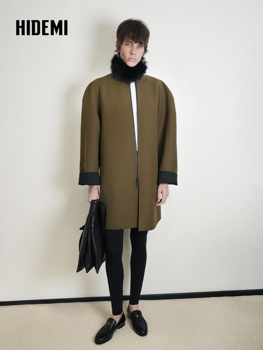 HIDEMI 设计感美丽奴羊毛简约立领双面穿双层复合中长款西装外套 商品图7
