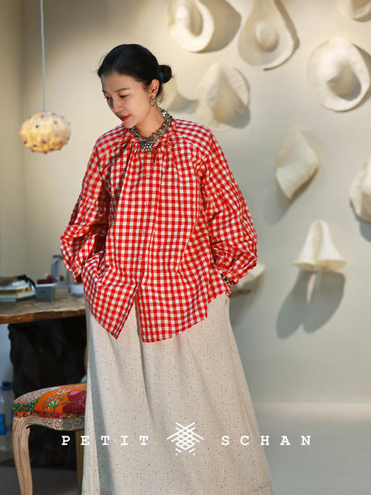 Petit Schan小闪 CLO#1042 Picnic Blanket 野餐布 纯棉长绒棉色织盐缩法式泡泡格纹娃娃衫 商品图1