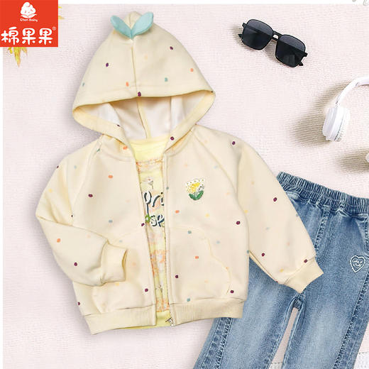 棉果果春季新品女童针织纯棉米白甜美针织连帽外套M122100226107 商品图0