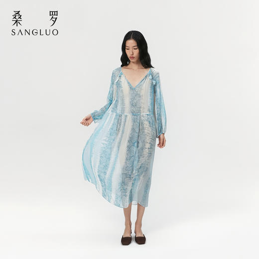轻盈仙气』桑罗蕾丝印花长袖睡裙桑蚕丝轻性感廓形连衣裙 商品图3