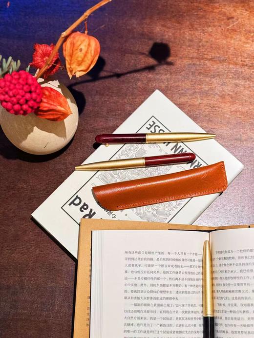 新品【升级版真皮套装】黄铜檀木签字笔 商品图0
