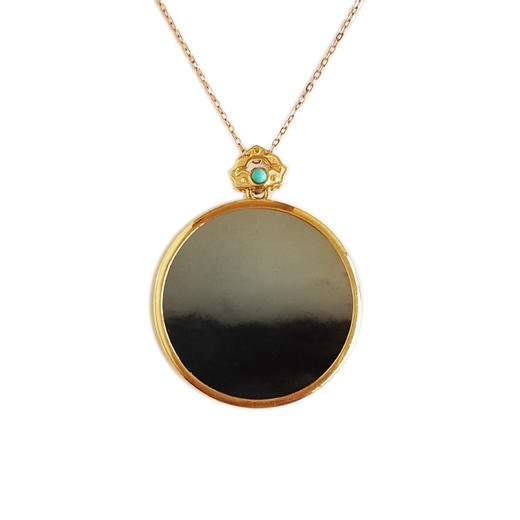 【天然正品】AU750黄金镶天然细腻新疆料青花圆形平安无事牌和田玉吊坠项链30.6*25.1*5.4MM（皆取最大值）170126NJS62 商品图0