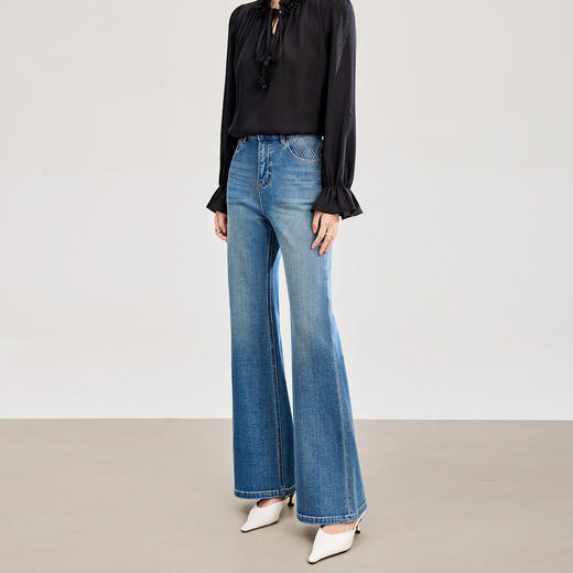 「高货wl」全新升级【铂金会员266/天猫359/差价93】(24751)洛诗琳气质四面弹牛仔裤2026春季新款烫钻法式高腰微喇裤 商品图0