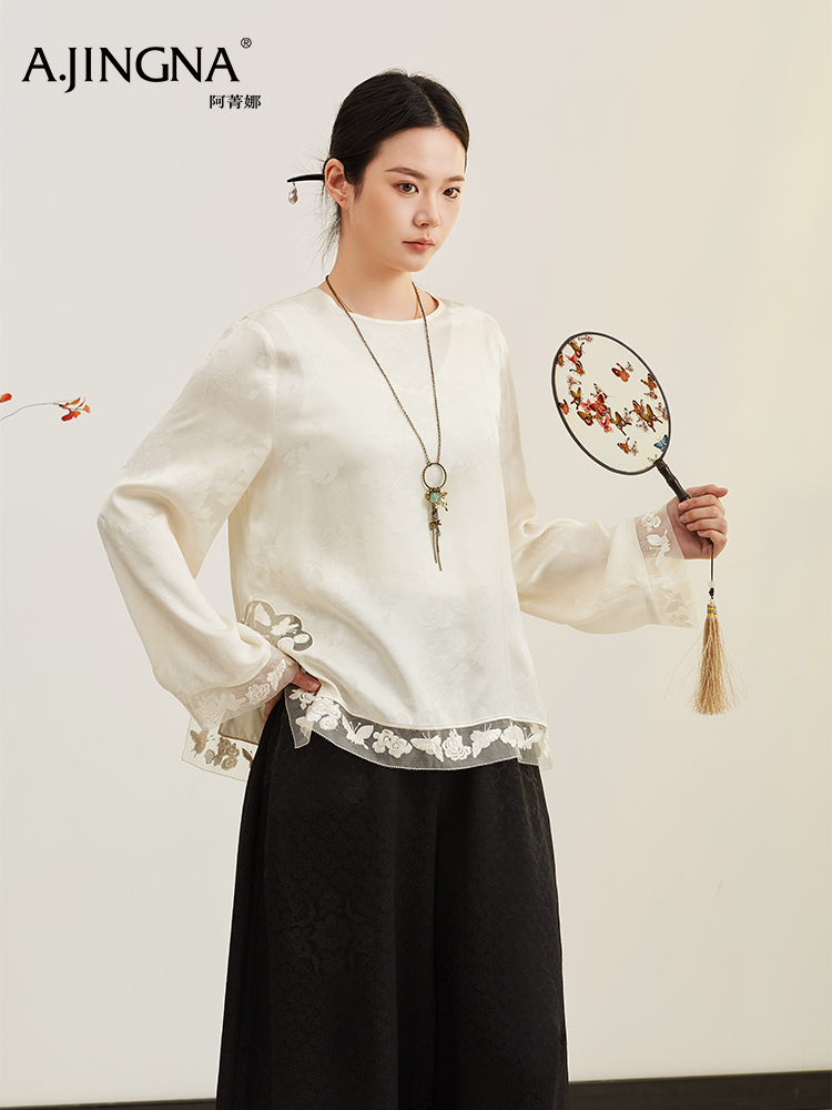 【真丝衬衫】阿菁娜春季新款真丝衬衫立体蕾丝玫瑰花刺绣高支面料光泽垂坠轻奢感内外兼修F31C202002