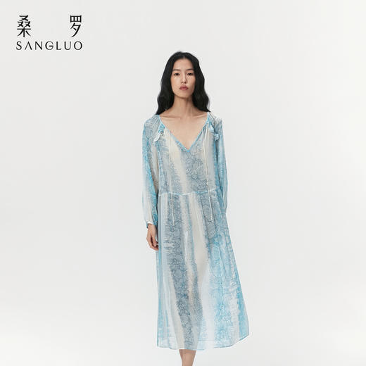 浪漫仙气』桑罗浅蓝蕾丝印花真睡裙桑蚕丝海边度假吊带长裙 商品图8