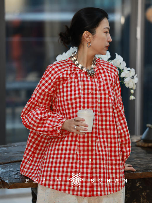 Petit Schan小闪 CLO#1042 Picnic Blanket 野餐布 纯棉长绒棉色织盐缩法式泡泡格纹娃娃衫 商品图2