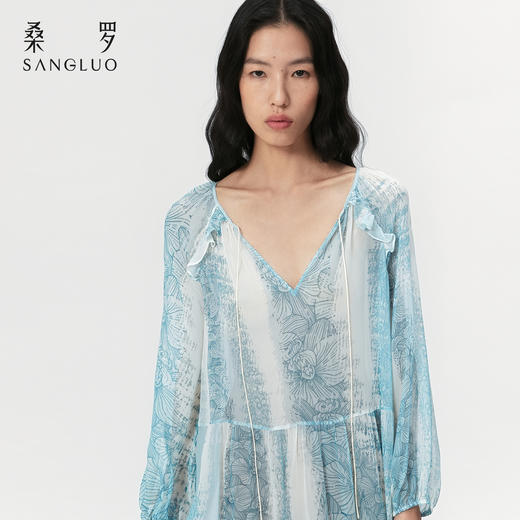 轻盈仙气』桑罗蕾丝印花长袖睡裙桑蚕丝轻性感廓形连衣裙 商品图2