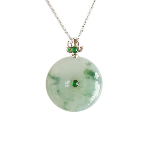 【天然正品】A货翡翠AU750白金镶天然细腻糯种飘蓝花平安扣翡翠吊坠项链26.8*20.5*5.9MM（皆取最大值）140126NJS08 商品图0