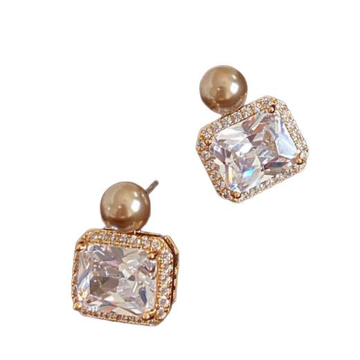 雀说方形锆石摩卡金棕珍珠耳钉小众设计韩版轻奢高级感气质百搭耳饰女ALW302 商品图4