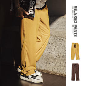 马登工装美式方格黄色玉米绒休闲裤直筒抽绳束脚宽松长裤子男款春