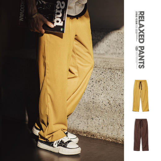 马登工装美式方格黄色玉米绒休闲裤直筒抽绳束脚宽松长裤子男款春 商品图0