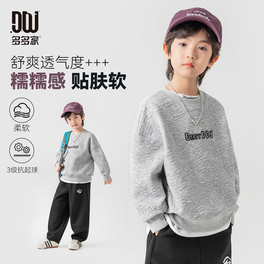 【件件底价，童装双倍积分】多多家男童卫衣2026春装新款春秋季儿童中大童刺绣圆领打底上衣潮11496 商品图0