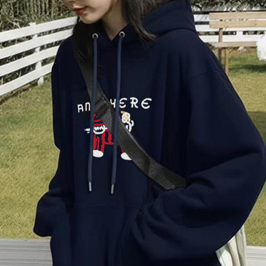 雀说藏青色连帽卫衣外套女秋冬新款美式卡通百搭加绒加厚宽松长袖上衣ALW1-886 商品图1