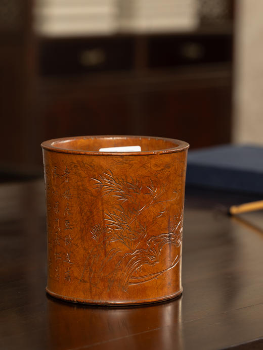 清	黄杨木雕竹梅双清诗文笔筒 商品图0