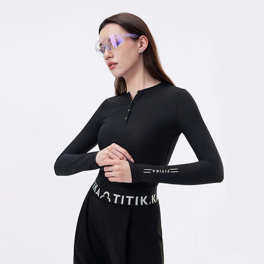 TITIKA小怪瘦亨利领长袖T恤女春秋修身长款运动休闲跑步上衣21241 商品图1