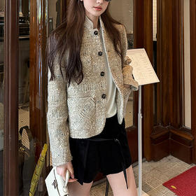 丁摩维特斯冷茶 贵气立领羊毛粗花呢西装外套小香短款显瘦垫肩上衣春ALW24951