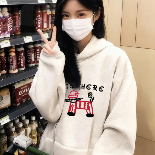 雀说藏青色连帽卫衣外套女秋冬新款美式卡通百搭加绒加厚宽松长袖上衣ALW1-886 商品图2