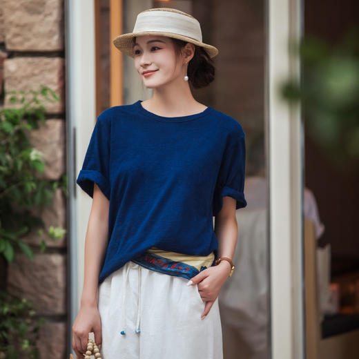 【林栖设计小店】植物染色|手工绣花优雅多色百搭宽松2026春新款纯棉T恤1961001 商品图5